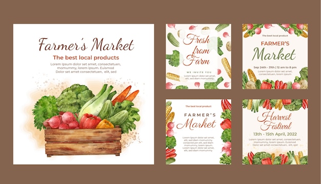 Free vector watercolor farmers market instagram post collection