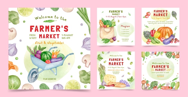 Watercolor farmers market instagram post collection