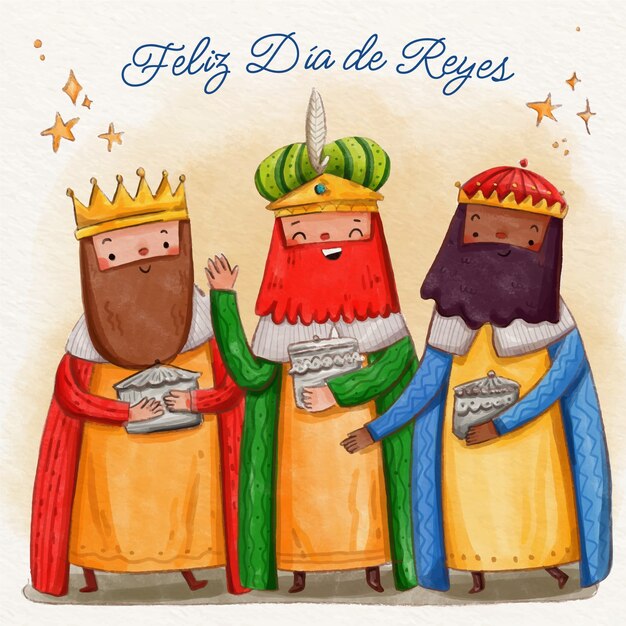 Watercolor feliz dia de reyes greeting card template
