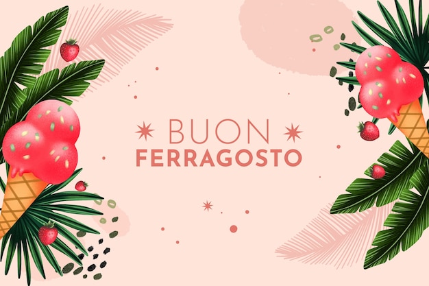Watercolor ferragosto background with leaves and ice cream