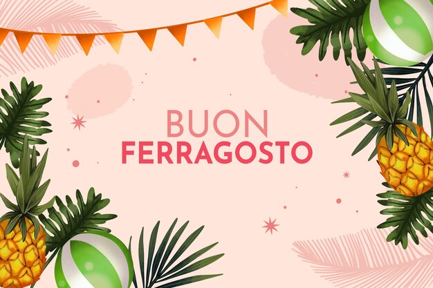 Watercolor ferragosto background with leaves and pineapple