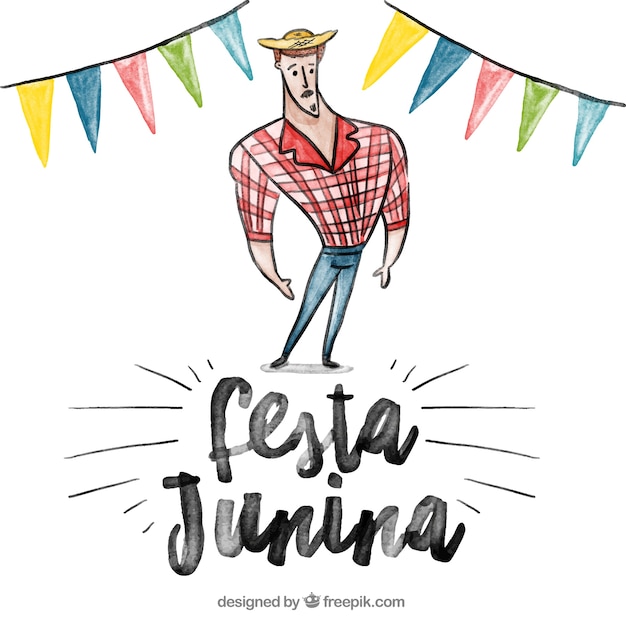 Free vector watercolor festa junina background with farmer and garlands