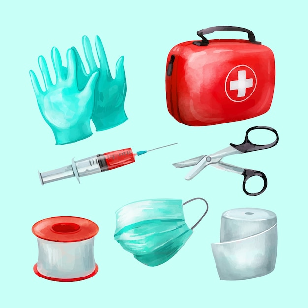 Watercolor first aid kit collection element