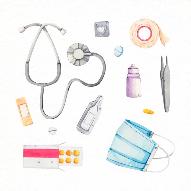 Watercolor first aid kit collection element