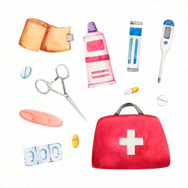 Watercolor first aid kit collection element