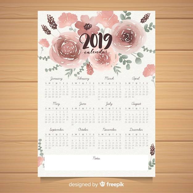 Watercolor floral 2019 calendar template