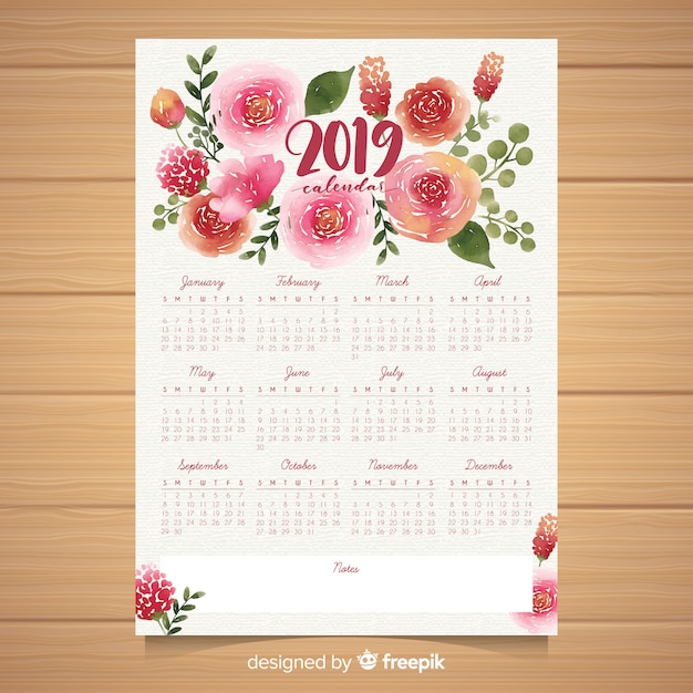 Modello di calendario floreale dell'acquerello 2019