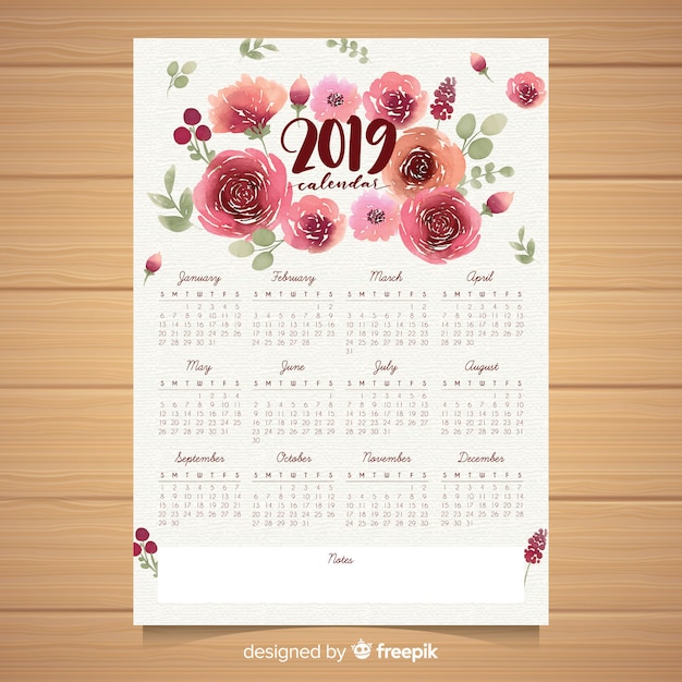 Free vector watercolor floral 2019 calendar template