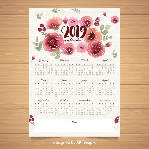 Watercolor floral 2019 calendar template