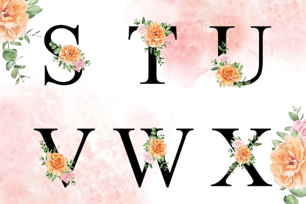 손으로 그린 꽃과 잎이 있는 stuvwx의 수채화 꽃 알파벳 세트