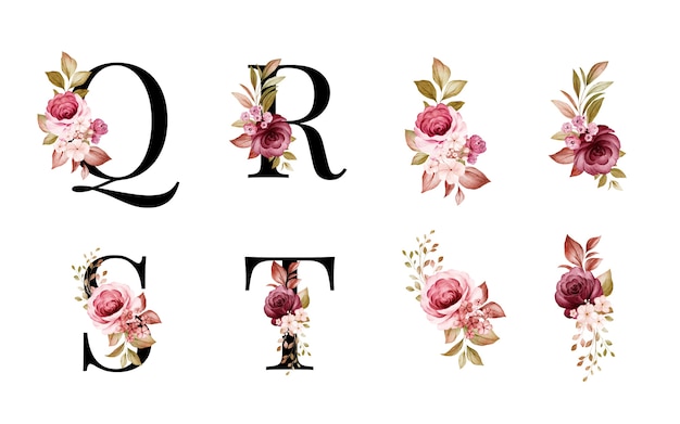 Download Premium Vector Gold Floral Alphabet Set A Z Plus With Pink Flowers Leaves And Gold Glitter