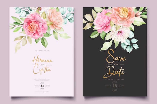 Бесплатное векторное изображение Акварель цветочные и листья свадебные приглашения набор карт