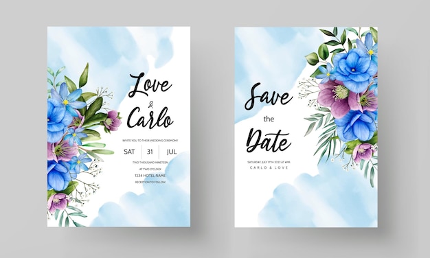 水彩花と葉の結婚式の招待カードのテンプレート
