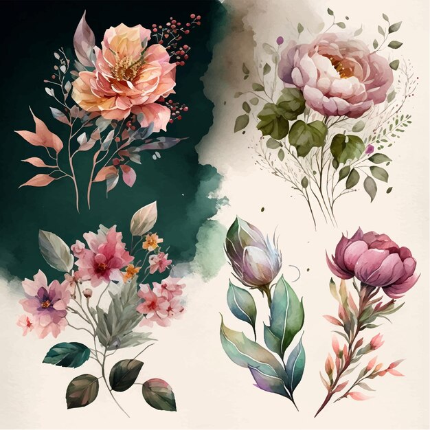 Коллекция акварельных цветочных композиций, генерация ai