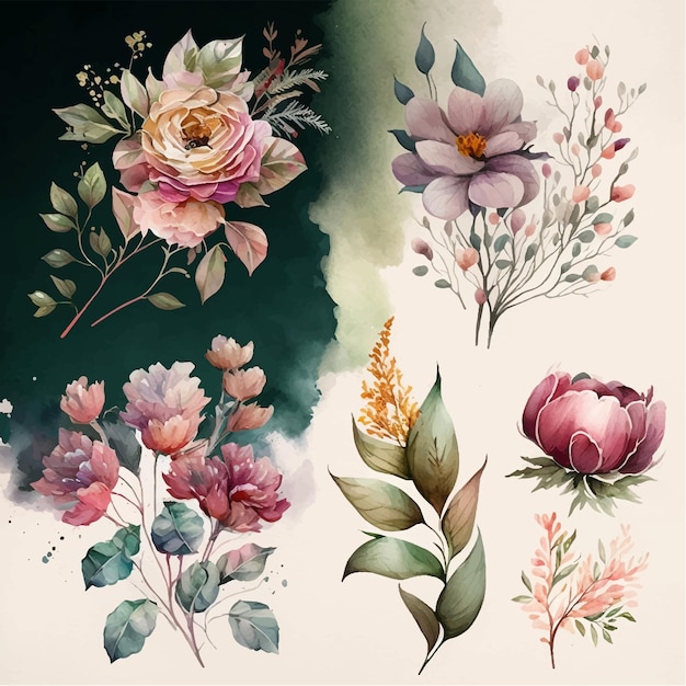Коллекция акварельных цветочных композиций, генерация ai