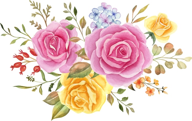 Watercolor floral arrangement, watercolor flower bouquet, rose pink and yellow for wedding.