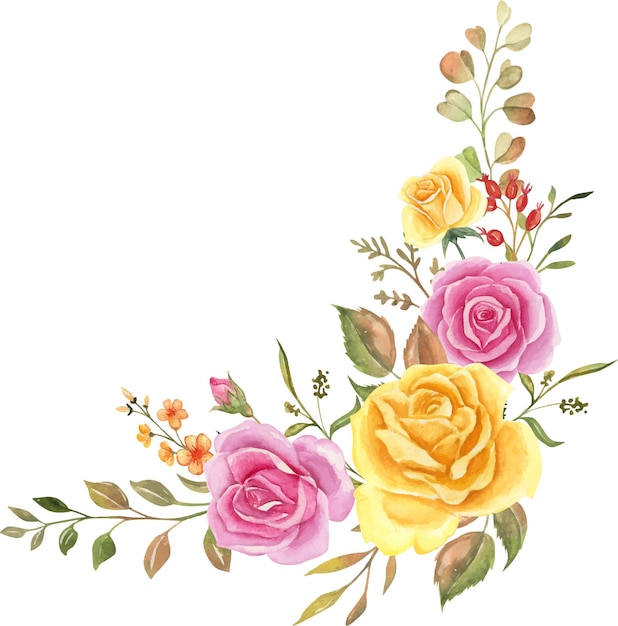 Vettore gratuito composizione floreale ad acquerello, bouquet di fiori ad acquerello, rosa rosa e giallo per il matrimonio.