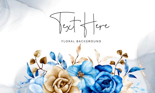 Watercolor floral background template with blue and brown flower and leaves