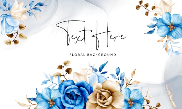 Watercolor floral background template with blue and brown flower and leaves