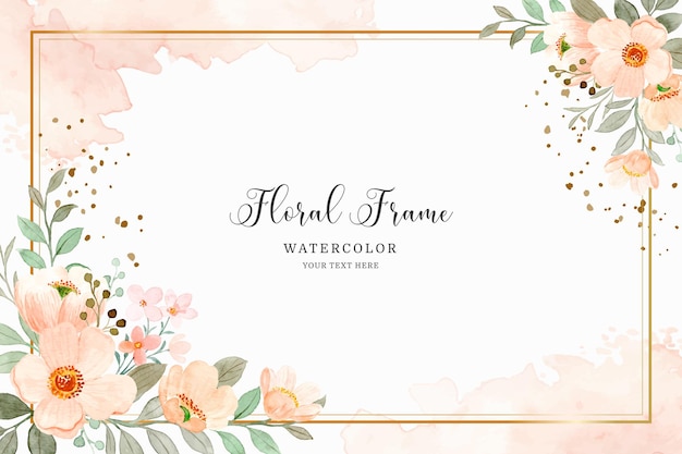 Watercolor floral background with golden frame