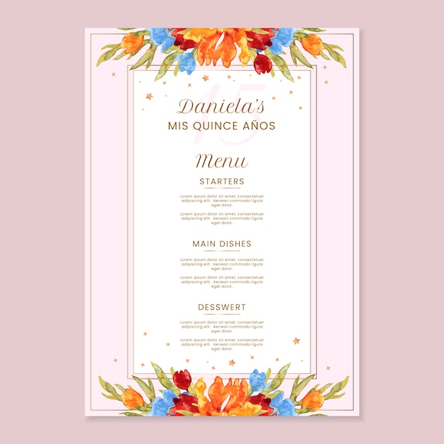 Modello di menu di compleanno floreale dell'acquerello