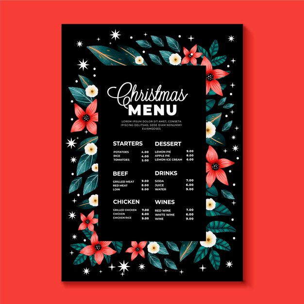 Watercolor floral christmas menu template