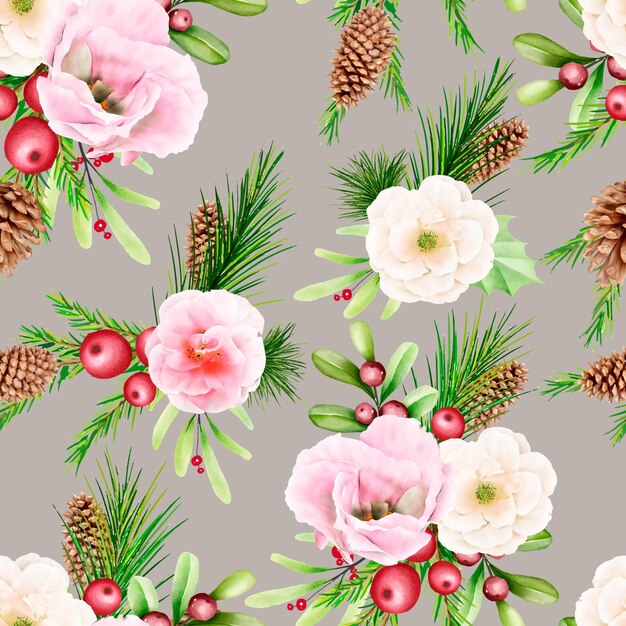 Watercolor floral christmas seamless pattern Free Vector