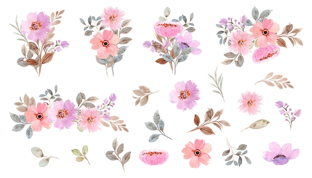 수채화 꽃 요소와 꽃다발 컬렉션
