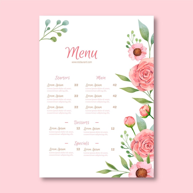 Watercolor floral food menu template