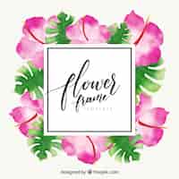 Free vector watercolor floral frame with exotic flowers and leaves