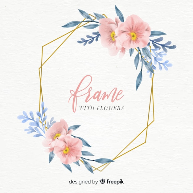 Watercolor floral frame with golden geometry