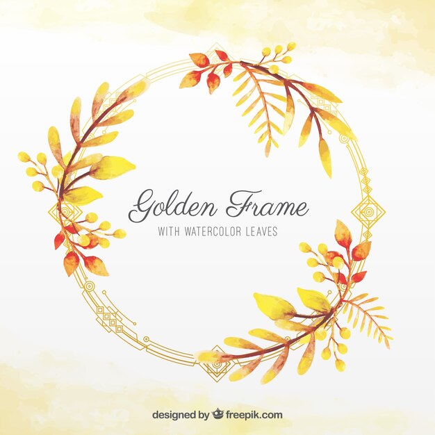 Watercolor floral frame with golden lines
