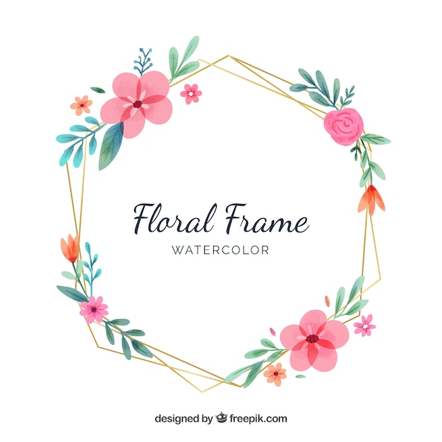 Free vector watercolor floral frame with golden lines