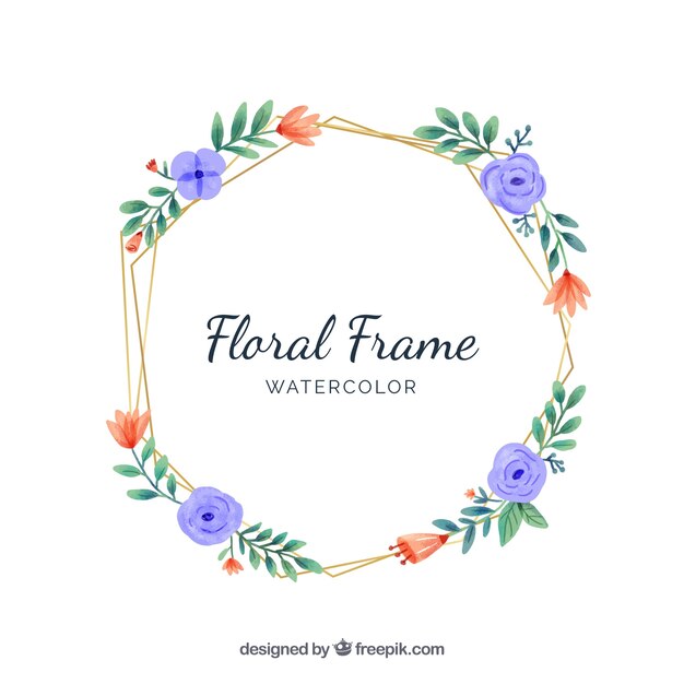 Watercolor floral frame with golden lines