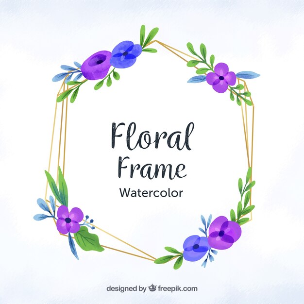 Watercolor floral frame with golden lines