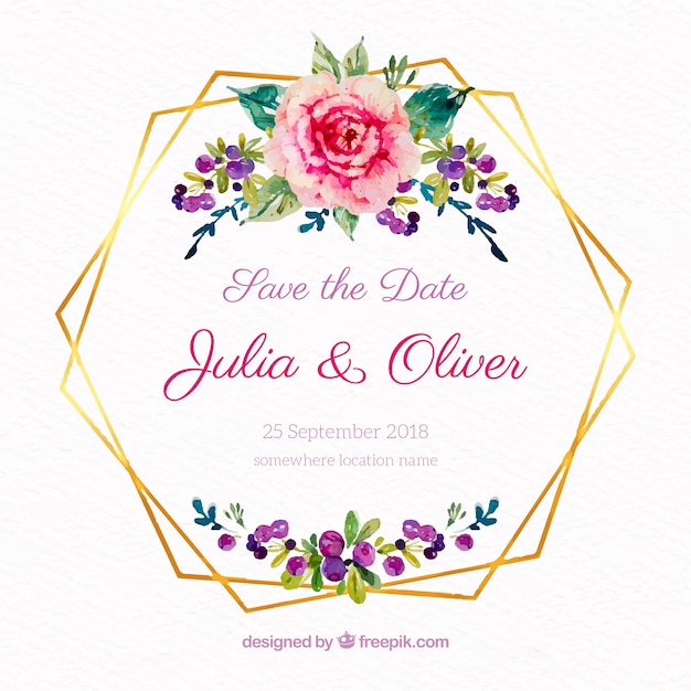 Free vector watercolor floral frame with golden lines