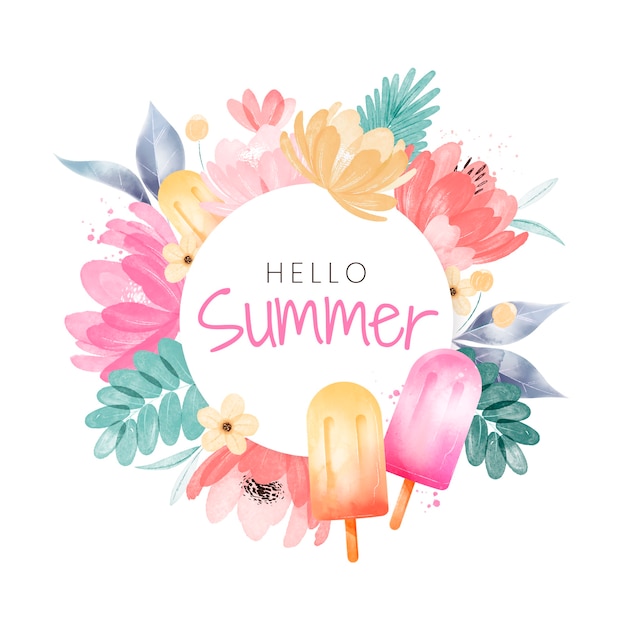 Watercolor floral hello summer frame