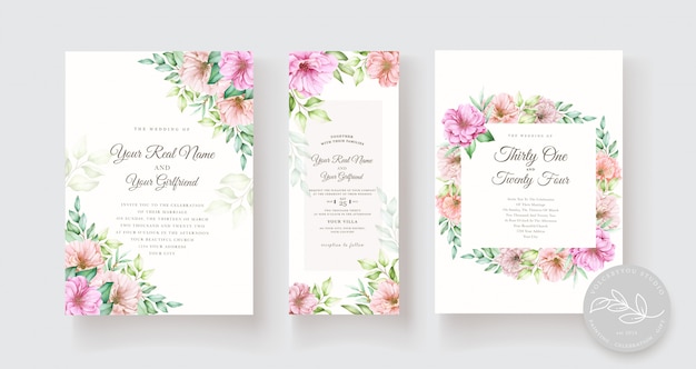 Free vector watercolor floral and leaves invitation card set