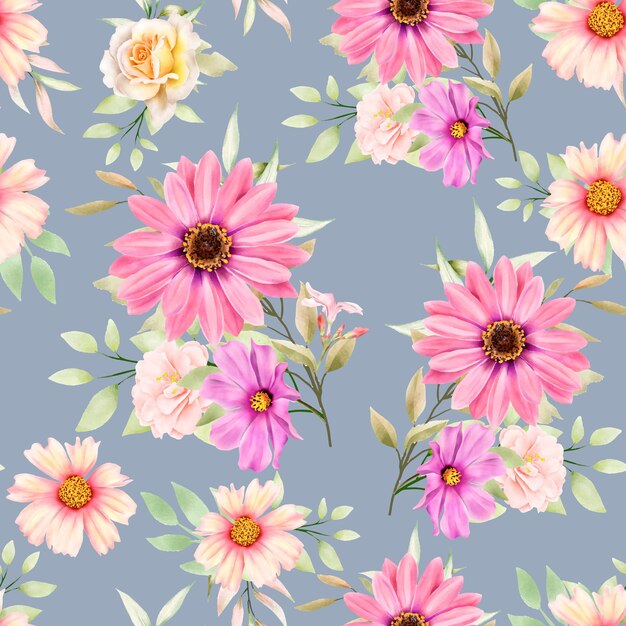 Watercolor floral and leaves seamless pattern