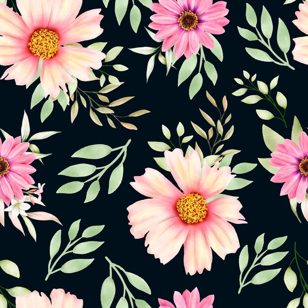 Watercolor floral and leaves seamless pattern