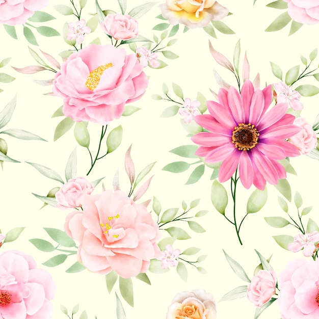 watercolor floral and leaves seamless pattern