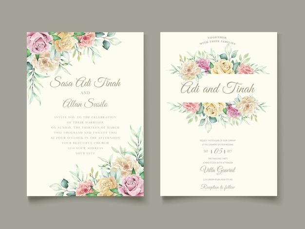 水彩花柄と葉の結婚式の招待カードセット