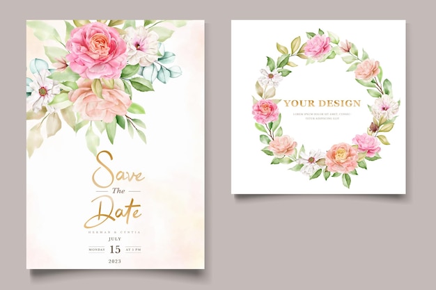水彩花柄と葉の結婚式の招待カードセット