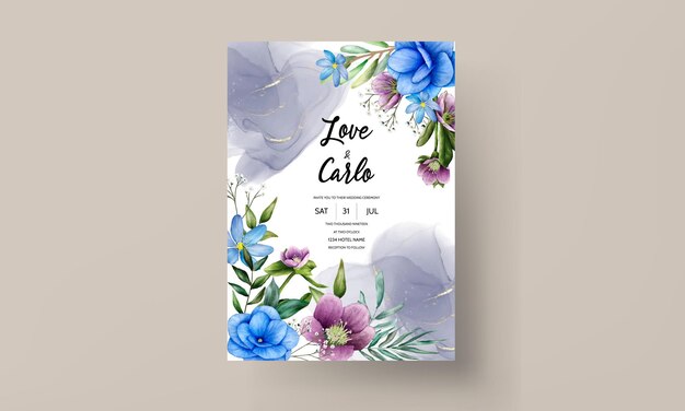 Watercolor floral and leaves wedding invitation card template