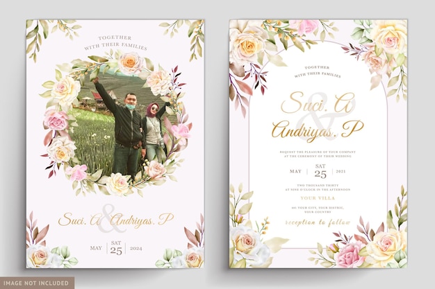 水彩花柄と葉の結婚式の招待カード