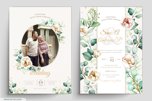 Watercolor floral and leaves wedding invitation card