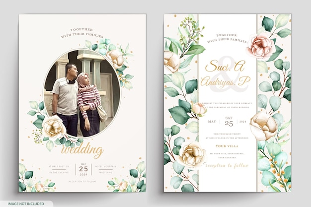 Watercolor floral and leaves wedding invitation card  