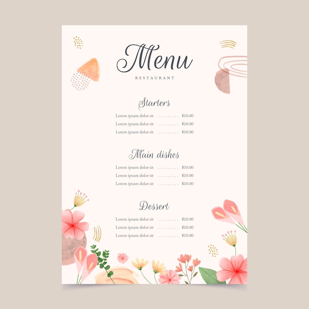 Modello di menu floreale ad acquerello