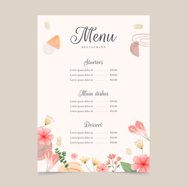 Watercolor floral menu template