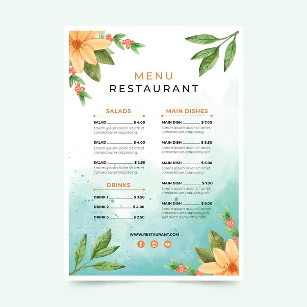 Modello di menu floreale ad acquerello